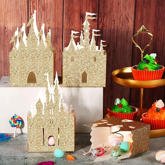 Geiserailie 20 Pieces Castle Box Princess Candy Box Glitter Castle Favor Treat Gift Princess Party Decorations Baby Shower Wedding Supplies(Gold)