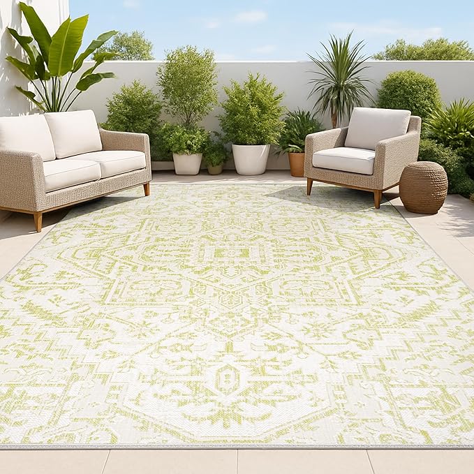 JONATHAN Y Boho Medallion Indoor Outdoor Area Rug 4X6 Cream/Green, Estrella Textured Weave for Backyard, Patio, Porch, Easy-Cleaning, High Traffic, Pet-Friendly, Non-Shedding (SMB105E-4)