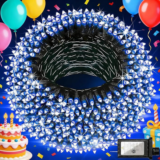 300 LED Blue Birthday Party Decorations String Lights with 12 Modes Timer Dimmable, Waterproof Green Wire Christmas Tree Lights, 75FT Fairy Lights for Bedroom, Outside, Ocean Party, Xmas Decor