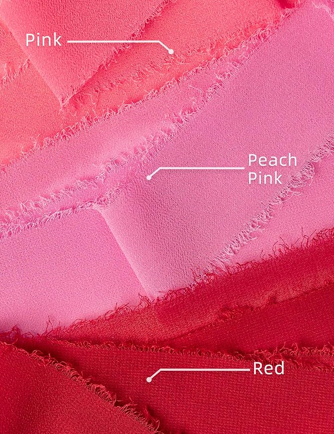 Chiffon Ribbon, Valentine's Day Party Decoration, 1.5''x21Yd Pink Red Frayed Fringe Handmade Silk Ribbons for Rose Floral Gift Wrapping, Wedding, Birthday, Engagement, Bridal Shower, 3 Rolls