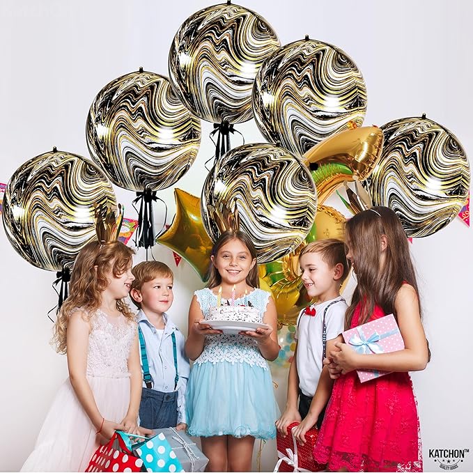 KatchOn, Big Marble Balloons - 22 Inch, Pack of 6 | Round 4D Marble Black and Gold Balloons for Graduation Decorations 2026 | Mylar Balloons For Birthday, Baby Showers