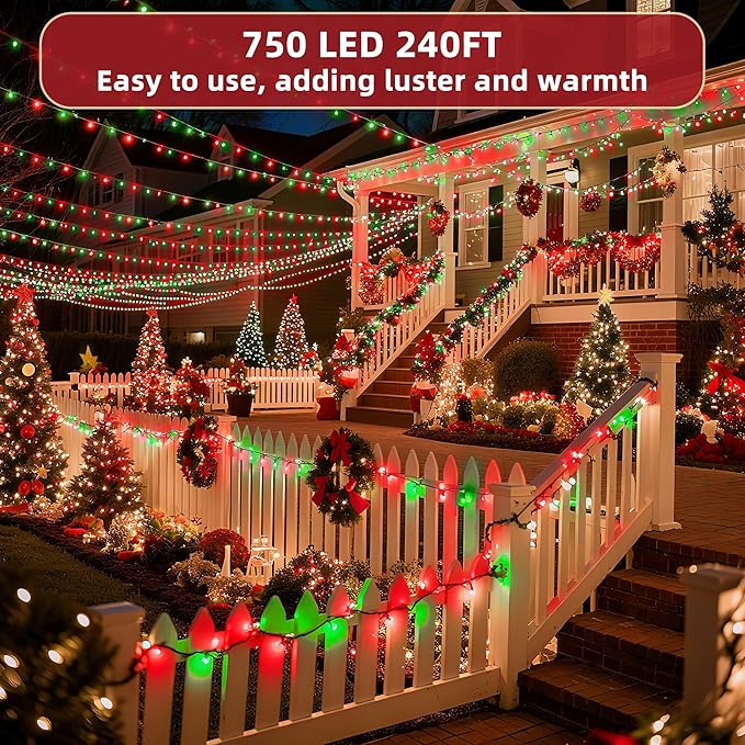 240FT Christmas Lights Outdoor, 750 LED Christmas Tree Decoration Lights with 12 Modes & Timer Memory, Dimmable Plug In Waterproof LED Xmas Light for Yard Trees Wedding Party Holiday Red & Green