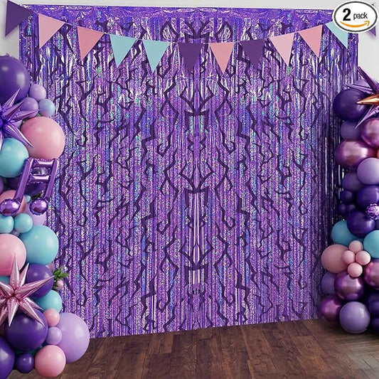 2 Packs Purple Foil Fringe Curtain, Purple Energy Pattern Glitter Metallic Tinsel Backdrop for Birthday, Baby Shower, Graduation, Bachelorette, Korean Idol Movie Party Decorations Favor Supplies