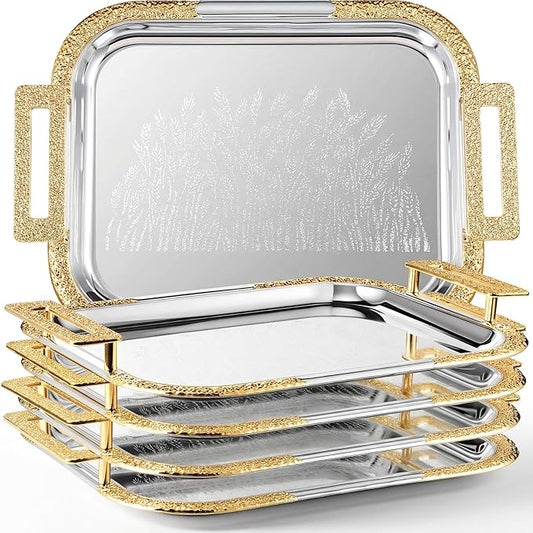 4 Pcs Silver Serving Tray with Handles Elegant Victoria Floral Engraved Metal Platters Large Decorative Trays for Buffet,Wedding Party, Jewelry Display, Service (Modern,Slive and Gold)