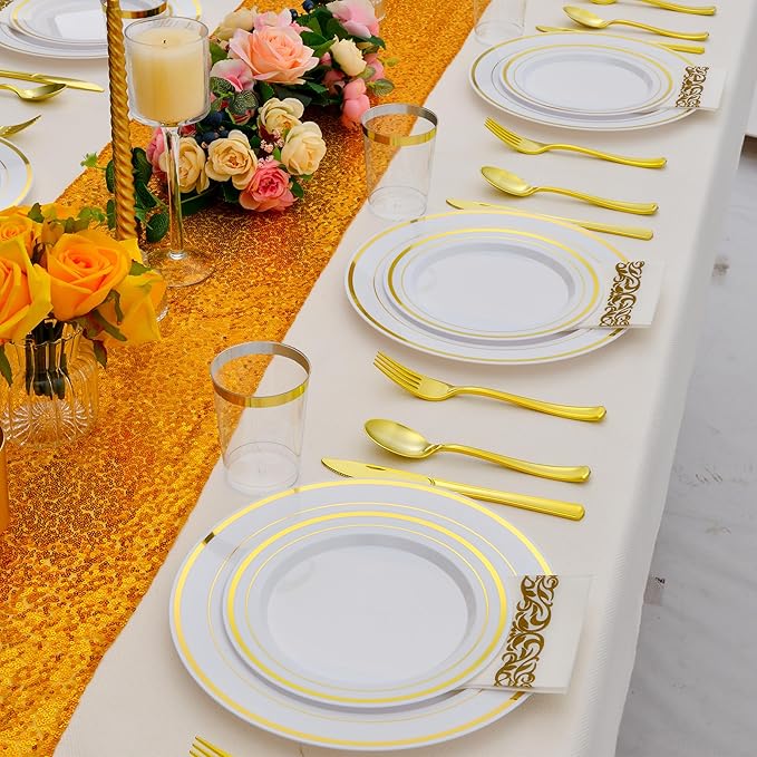 400PCS Gold Plastic Silverware, Gold Disposable Utensils, Heavy Duty Cutlery Set Includes 200 Forks,100 Knives,100 Spoons, Flatware for Party Wedding