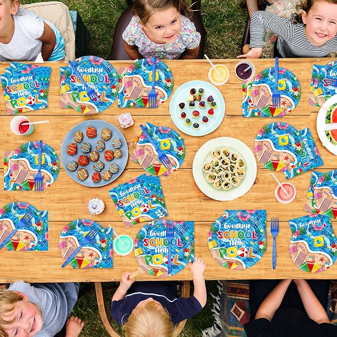 Qyeahkj 100 Pcs Pool Party Decoration for Goodbye School Hello Pool Paper Plate Napkin End of School Year Dinnerware Table Supplies Summer Vacation Graduation Birthday Party Tableware Decor Serves 25