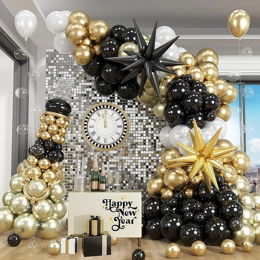 New Years Balloon Garland Arch Kit Black and Gold Explosion Star Balloons Black Pearl White Champagne Gold Balloon for Happy New Year Eve 2026 Grad Birthday Retirement Baby Shower Party Decor
