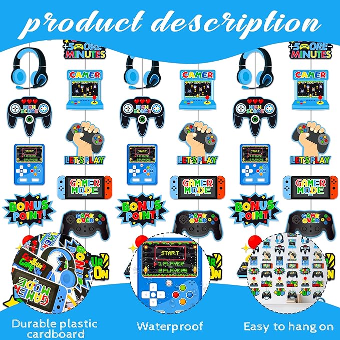 Video Game Garlands Blue Video Gamer Birthday Party Decorations 6Pcs Video Controller Hanging Paper Garlands Gaming Theme Banners for Game Player Level Up Baby Shower Party Supplies