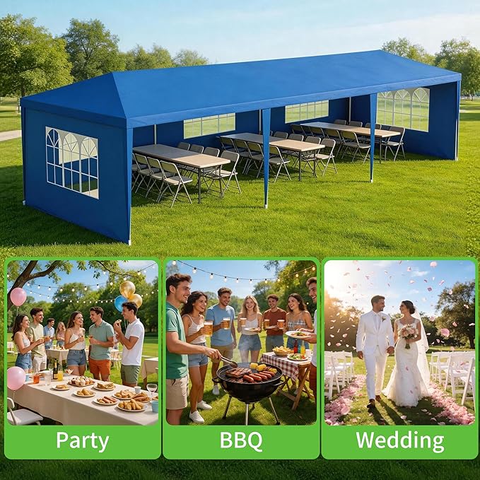 10' x 30' Outdoor Canopy Tents with 5 Detachable Sidewalls, Blue Patio Gazebo Tents, Shade Shelters for Birthday, Events, Party, Wedding, Gatherings and Patio