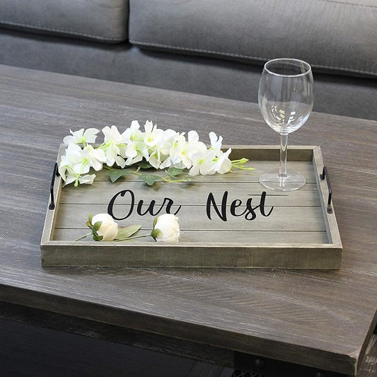Elegant Designs HG2000-RGO Decorative Wood Serving Tray w/Handles, 15.50" x 12", Our Nest (Pack of 4)