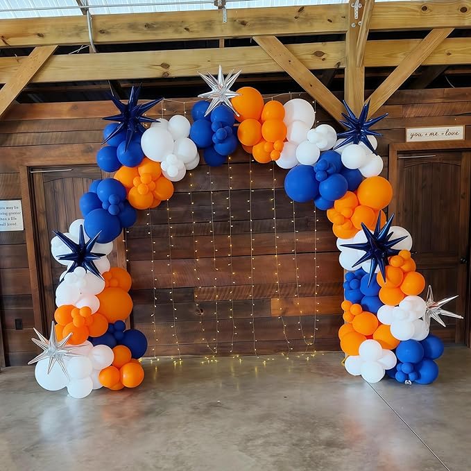 Blue and Orange Balloon Arch Garland Kit, 121PCS Dark Royal Blue and Orange White Balloons with Spikes Balloon for College High School Class of 2026 Graduation Birthday Basketball Party Decorations
