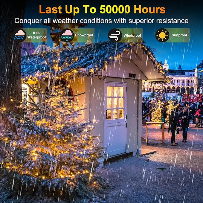 300LED String Lights - Indoor/Outdoor Use, 8 Modes, 100FT Fairy Lights, IP44 Waterproof for Xmas Patio Yard Fence Deck Balcony Garden Decor - Warm White