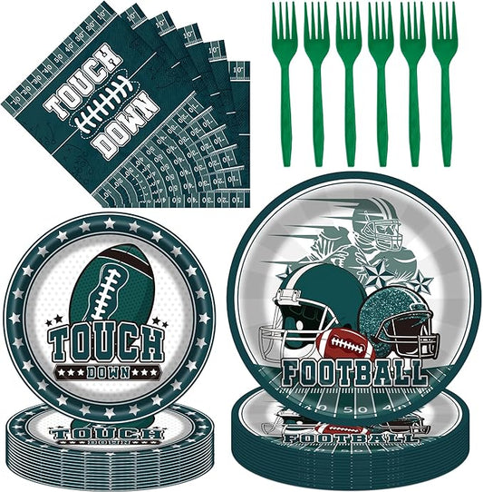 Football Birthday Party Decorations - 96 Pcs Green Eagle Disposable Paper Dessert Plates Forks Napkins Set Sports Table Decor Supplies for Boys Men Fans Gameday Tailgate Serves 24 Guests