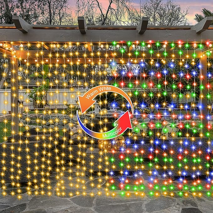 Curtain Lights Battery Operated, 200 LED 6.6Ft x 6.6Ft Dual Color Changing with Remote Timer, Outdoor Curtain Lights Waterproof for Wedding Bedroom Holiday Party Decor (Warm White & Multicolor)