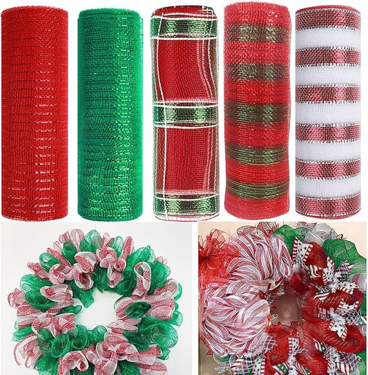 5 Rolls Christmas Mesh Ribbon for Wreath, 10 Inch x 30FT Per Roll Metallic Foil Deco Mesh Rolls Red White Green Stripe Decorative Mesh for Christmas Tree Winter Holiday Wreath Party Decor