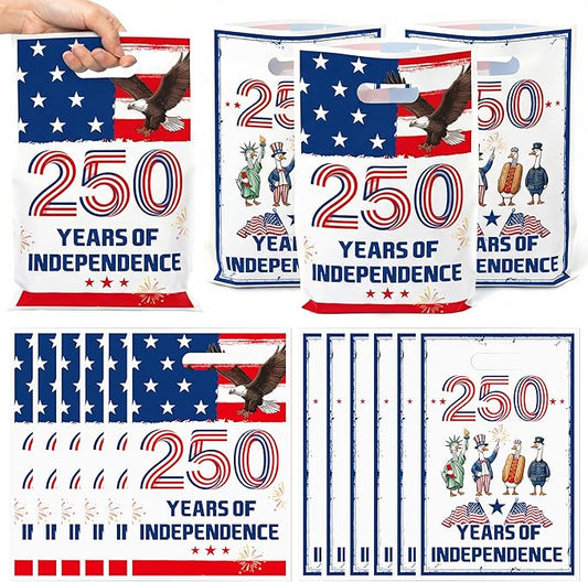 Andi Cppss 250 Years Party Favor Bags - 50PCS 250 Years Patriotic Theme Plastic Gift Bags with Handles 4th of July Goodie Treat Snack Candy Bag for Independence Memorial Day Party Supplies Decorations