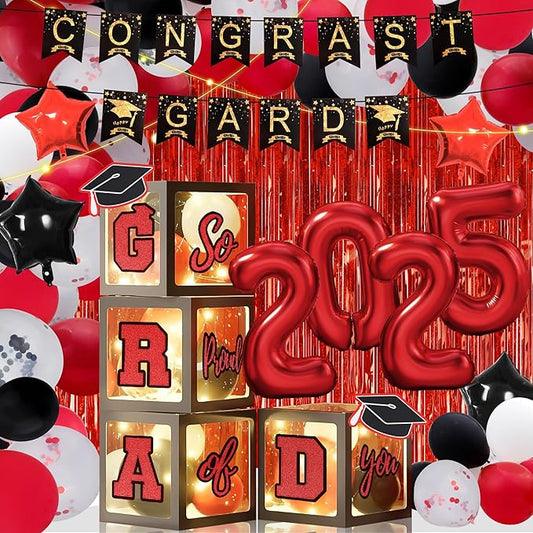 146 PCS Graduation Decorations 2025, Graduation Party Decor Class of 2025 Set of Balloons Boxes with Letters 2025 GRAD So Proud of You, Congrats Grad Party Decorations for Any Grades