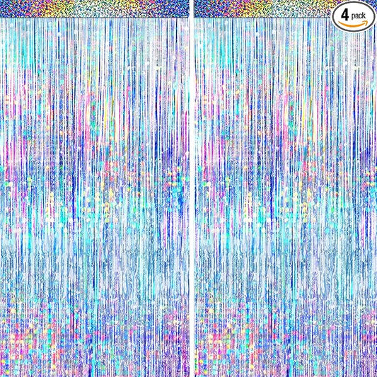 4 Packs Silver Foil Fringe Curtain, Silver Glitter Metallic Tinsel Backdrop for Birthday, Wedding, Baby Shower, Bachelorette, 70s 80s 90s Theme Disco Party, Iridescent Party Decorations Supplies