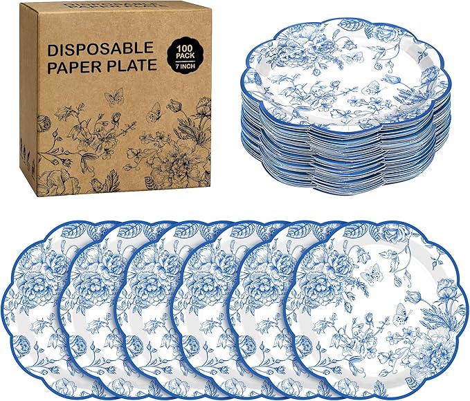 Kochorie 100 Pieces Blue Flower Paper Plates 7 Inches Disposable Floral Paper Plates Scalloped Blue Chinoiserie Vintage Flower Dessert Plate for Wedding Birthday Holiday Party Decor Supplies