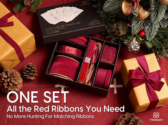 Vitalizart Red Velvet Ribbon 9 Rolls with Gift Tags Luxury Textured Burgundy Ribbon for Christmas Gift Wrapping Tree Ornaments Bows Wreaths Holiday Decorations