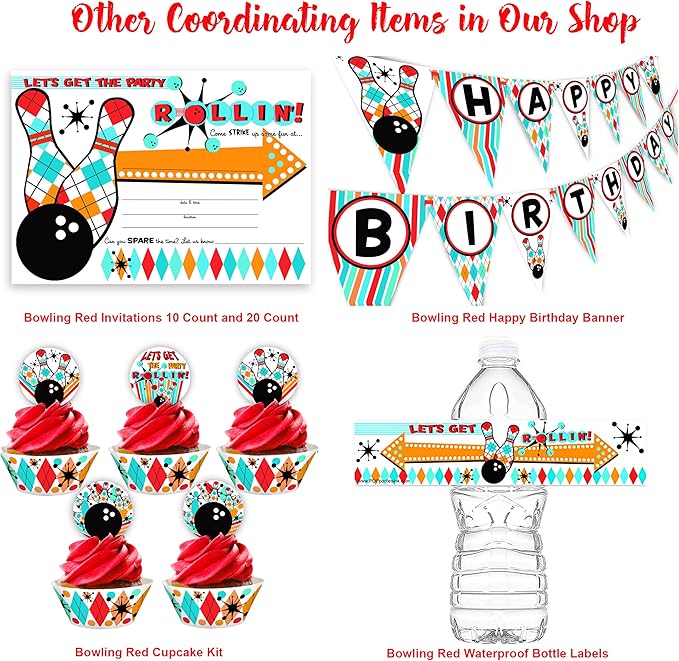 Bowling Cupcake Toppers and Cupcake Wrappers - 24 Cupcake Toppers and 24 Cupcake Wrappers - Bowling Party Supplies - Bowling Party Decorations - Glow Pink Cupcake