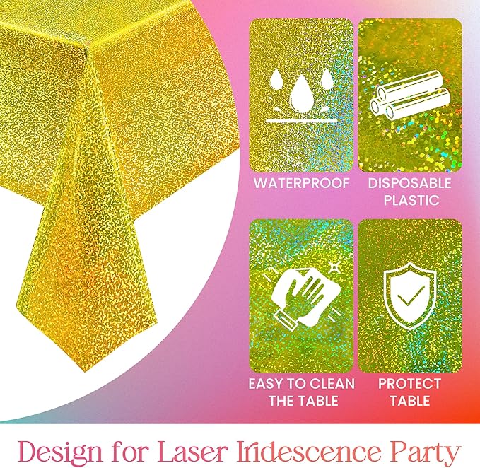 Sparkling Holographic Laser Tablecloth - Shimmering, Waterproof, Easy to Clean - Ideal for Halloween Bachelorette, Mermaid, Birthday, Wedding, and Anniversary Party Decorations (Black & Gold, 2)