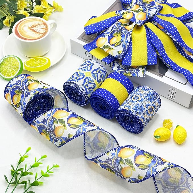 4 Rolls Lemon Wired Edge Ribbon, 2.5 Inch x 20 Yards Summer Yellow Lemon Print Grosgrain Ribbon for Wreath Bow Making, Gift Wrapping, DIY Crafts, Baby Shower, Party Decorations (Blue Lemon)