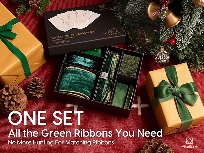 Vitalizart Green Velvet Ribbon 9 Rolls with Gift Tags Luxury Textured Ribbon for Christmas Gift Wrapping Tree Ornaments Bows Wreaths Holiday Decorations