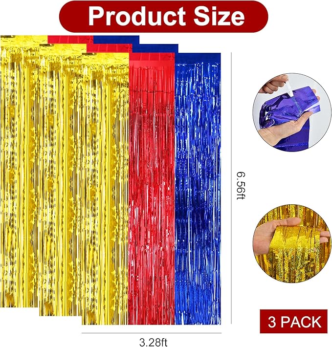 BEISHIDA 3 Pcs Red Blue Gold Door Streamers Curtain Birthday Party Streamers Backdrop Happy Birthday Party Wall Background for Party Decoration Photo Booth Props(3.28 ft x 6.56 ft)