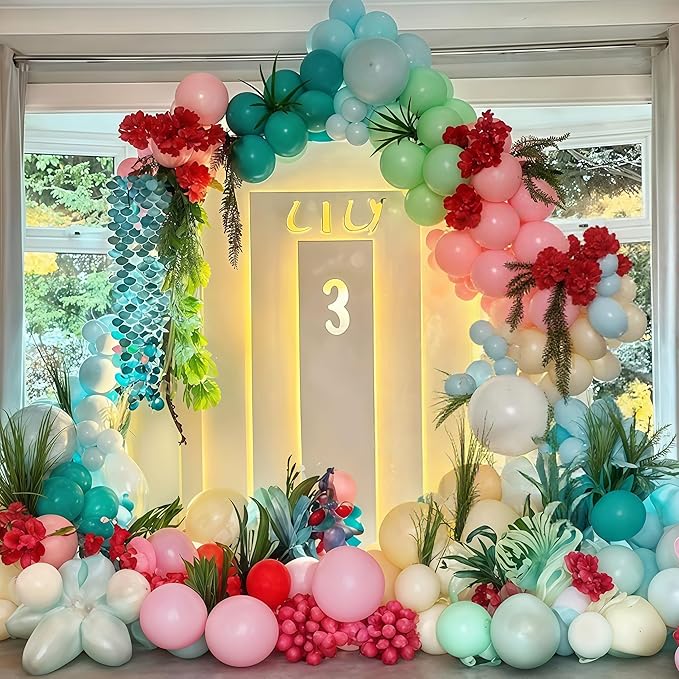 HILAVO Summer Tropical Balloon Arch Kit Hawaiian Pearl Teal Blue Lime Green Pastel Pink Blue Ivory Colorful Balloons Garland for Hawaiian Luau Aloha Pool Beach Birthday Baby Shower Party Decorations