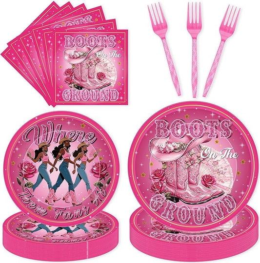 96 Pcs Cow Girl Boots Party Decorations, Western Boots Disposable Dinnerware Set, Includes Plates, Napkins & Forks for 24 Guests, Rustic Birthday Baby Shower Party Supplies