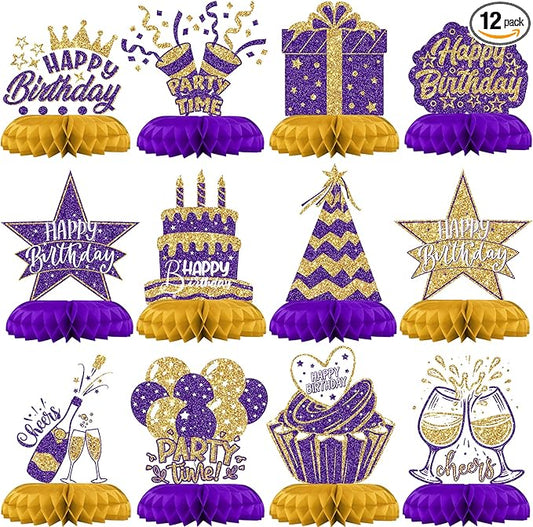 Purple and Gold Birthday Decorations – 12PCS Honeycomb Table Centerpieces for Women Adults – Happy Birthday Table Decor Party Supplies