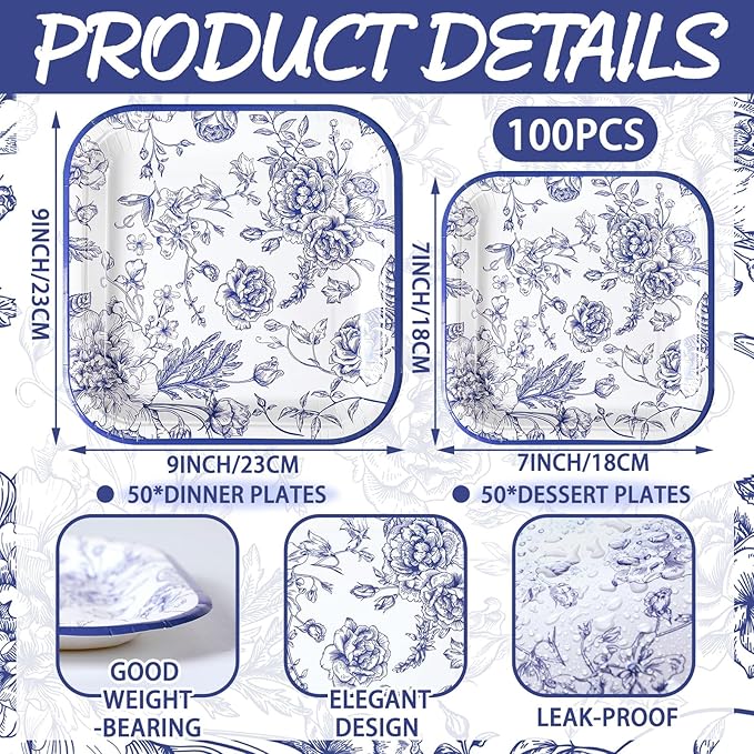 Umigy 100 Pcs Paper Plates Flower Dinner 9'' Floral Disposable Paper Plates 7'' Square Dessert Set for Dinner Birthday Wedding Baby Shower Party Tableware(Blue,Flower)