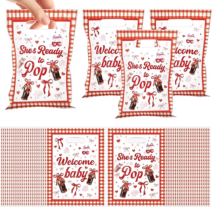 MOIZYNG She's Ready to Pop Baby Shower Decorations, 50Pcs Soda Pop Drink Themed Plastic Candy Treat Goodie Gift Bags with Handles for Girls Baby Shower Party Supplies