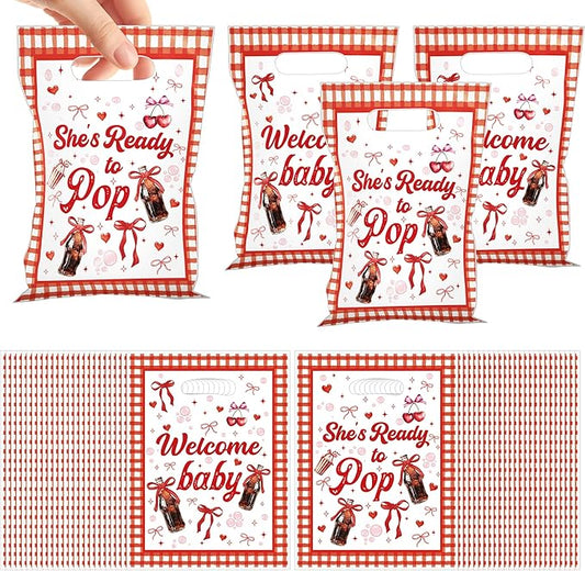 MOIZYNG She's Ready to Pop Baby Shower Decorations, 50Pcs Soda Pop Drink Themed Plastic Candy Treat Goodie Gift Bags with Handles for Girls Baby Shower Party Supplies