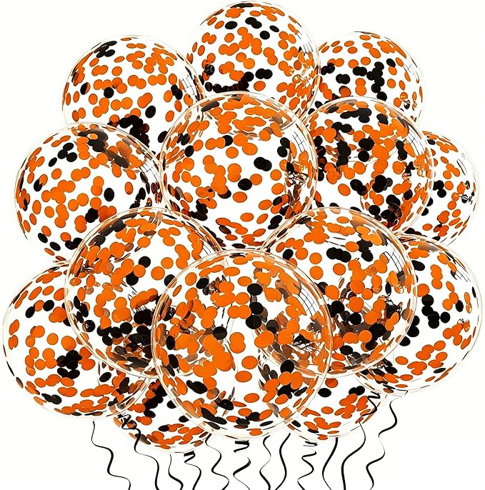 Orange Black Confetti Balloons 25 Pcs, 12 Inch Thickened Clear Latex Balloon with Confetti Inside for Halloween Party Decorations Birthday Baby Shower Bridal Shower Decoration Supplies