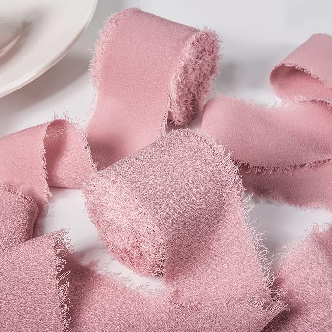 Ribbon, 6 Rolls Dusty Rose Wedding Chiffon Ribbon, 1 1/2 inch x 7Yd Ribbons for Flower Bouquet, Silk Ribbons for Crafts, Wedding Decor, Bridal Bouquets, DIY Crafts for Mothers Day