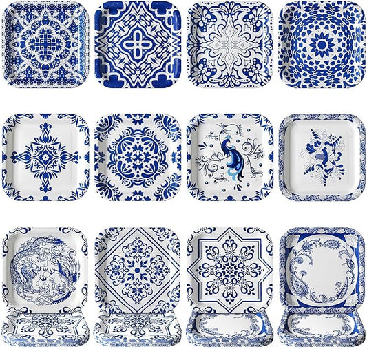 Nitial 120 Pcs Blue and White Flower Paper Plates 9 Inch Chinoiserie Disposable Square Plates Bulk Blue and White Decorative Dinner Dessert Tableware for Wedding Birthday Tea Party Supplies(Square)