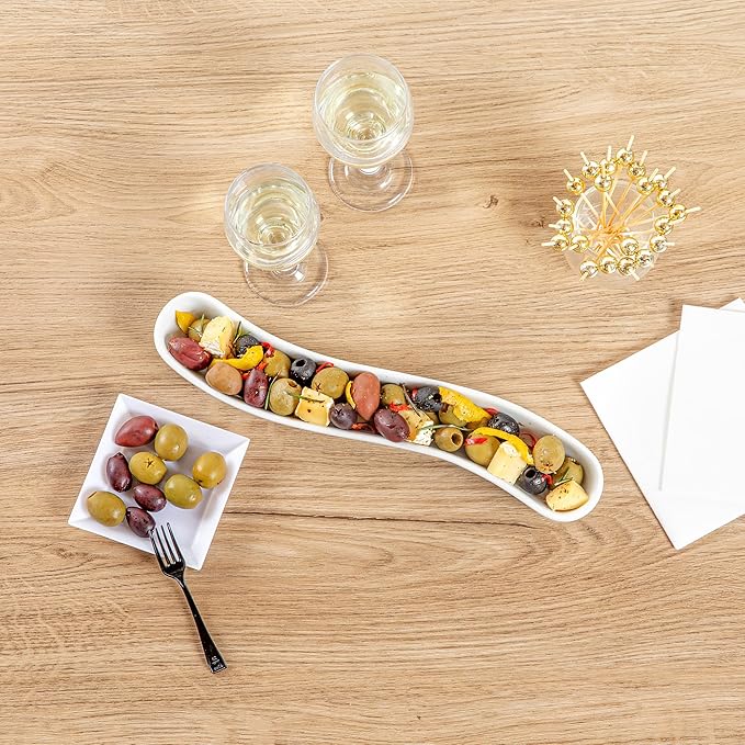 Restaurantware Swerve 10 Ounce Olive Plate 1 Curved Olive Tray - Medium Chip Resistant White Porcelain Olive Canoe Dishwasher Safe For Snacks Condiments Or Appetizers