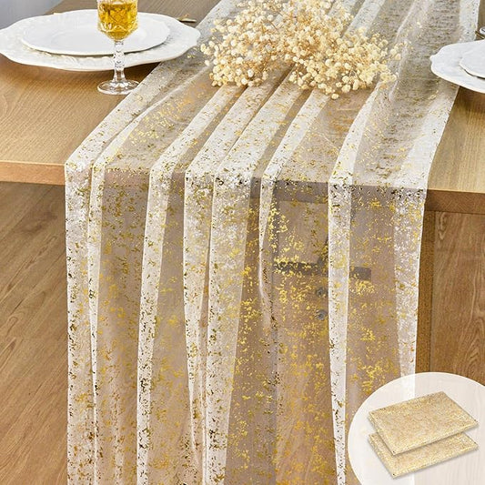 FEXIA 2Pcs Ramadan Decor Table Runner, Gold Glitter Table Runner for Wedding Table Decor, Spring Party Decorations, Elegant Dining Table Centerpiece for Eid Celebrations, Ivory Gold