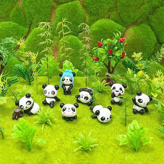 48 PCS Panda Cake Toppers Panda Toy Figure Playset Mini Panda Figures Cute Panda Toys with Model Bamboo Trees for Kids Birthday Party Decorations