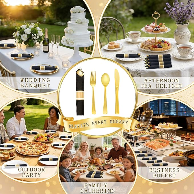 50 Pack Pre Rolled Gold Plastic Silverware Set,Wrapped Plastic Cutlery Set with Napkin Include 50 Forks,50 Spoons,50 Knives and 50 Black Napkins for Party, Wedding,Christmas