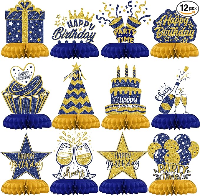 Blue and Gold Birthday Decorations – 12Pcs Honeycomb Table Centerpieces, Elegant Party Table Toppers for Adults, Stylish Blue Gold Birthday Decor