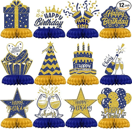 Blue and Gold Birthday Decorations – 12Pcs Honeycomb Table Centerpieces, Elegant Party Table Toppers for Adults, Stylish Blue Gold Birthday Decor
