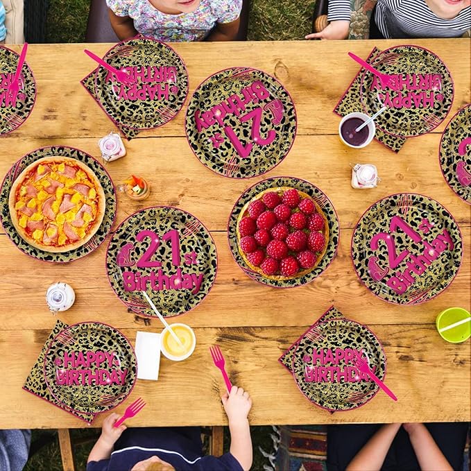 21st Birthday Decorations for Her, 96Pcs Cheetah Leopard Print Plates and Napkins Pink Leopard Print Supplies Happy 21st Birthday Tableware Set for Girls Safari Animal Party Decorations Serves 24