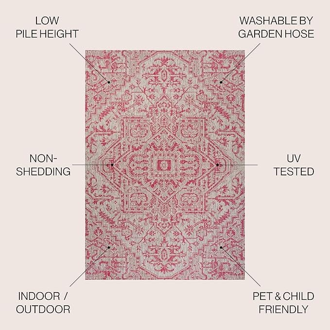 JONATHAN Y Boho Medallion Indoor Outdoor Square Area Rug 5X5 Light Gray/Fuchsia, Estrella Textured Weave for Backyard, Patio, Porch, Easy-Cleaning, High Traffic, Pet-Friendly Non-Shedding SMB105F-5SQ