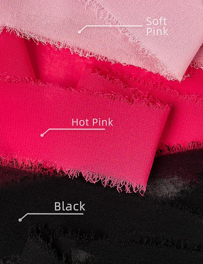 Chiffon Ribbon, Pink Black 1.5''x21Yd Frayed Fringe Halloween Ribbons for Gift Wrapping, Handmade Ribbon for Floral Vase, Mother's Day, Cartoon Party, Wedding, Birthday, Engagement, 3 Rolls
