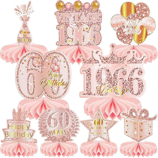 9 Pcs 60th Birthday Decoration for Women Happy 60th Birthday Table Honeycomb Decorations Rose Gold Pink Centerpieces Tables Toppers1965 Decor Cheers to 60 Years Old Birthday Party Favors