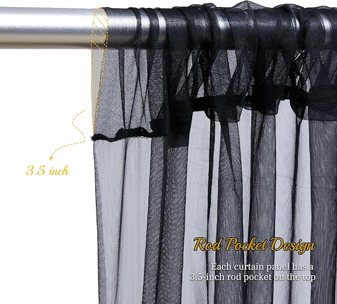 10x8ft Black Tulle Backdrop Curtain with Lights String for Parites, Sheer Photo Backdrop Curtains for Wedding Baby Shower Birthday Party Photo Shoot Decorations