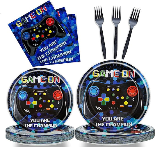 96 Pcs Video Game Birthday Party Plates Napkins Forks Supplies Tableware Set Disposable Table Boys Gaming Theme Decoration for Kids Birthday Party, Serves 24 Guests